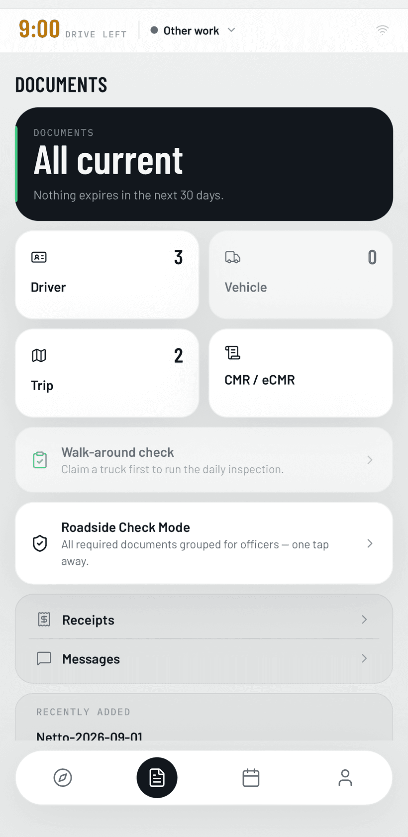 TruckThrust app documents hub — walk-around check, Roadside Check Mode and driver, vehicle, trip, CMR and receipt documents