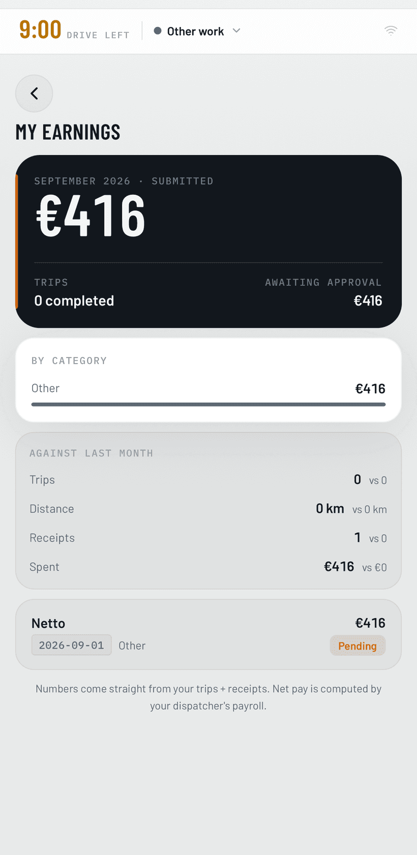 TruckThrust app earnings — monthly totals with a per-trip and expense breakdown